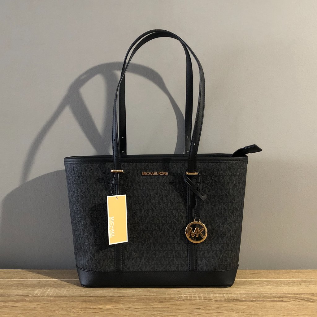 Nwt Michael Kors Jet Set Travel Black Sm Signature Logo Shldr Tote Bag Msrp $448